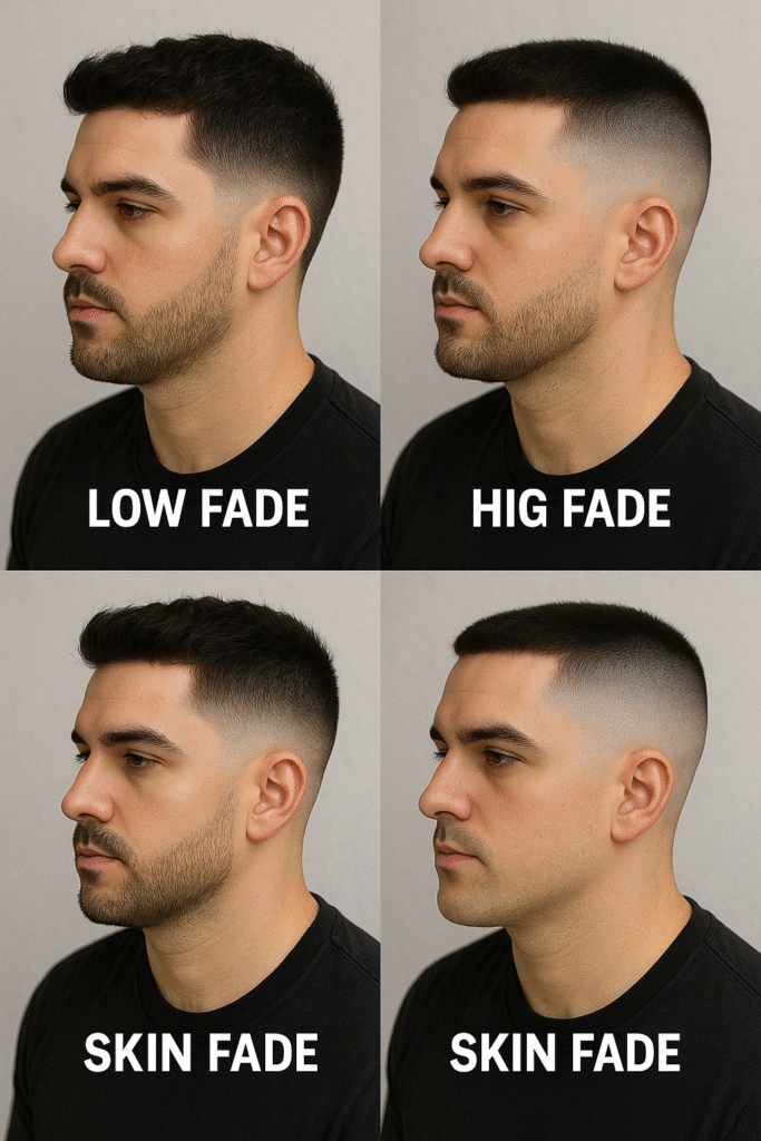 Side-by-side comparison of low fade vs taper haircut styles for men