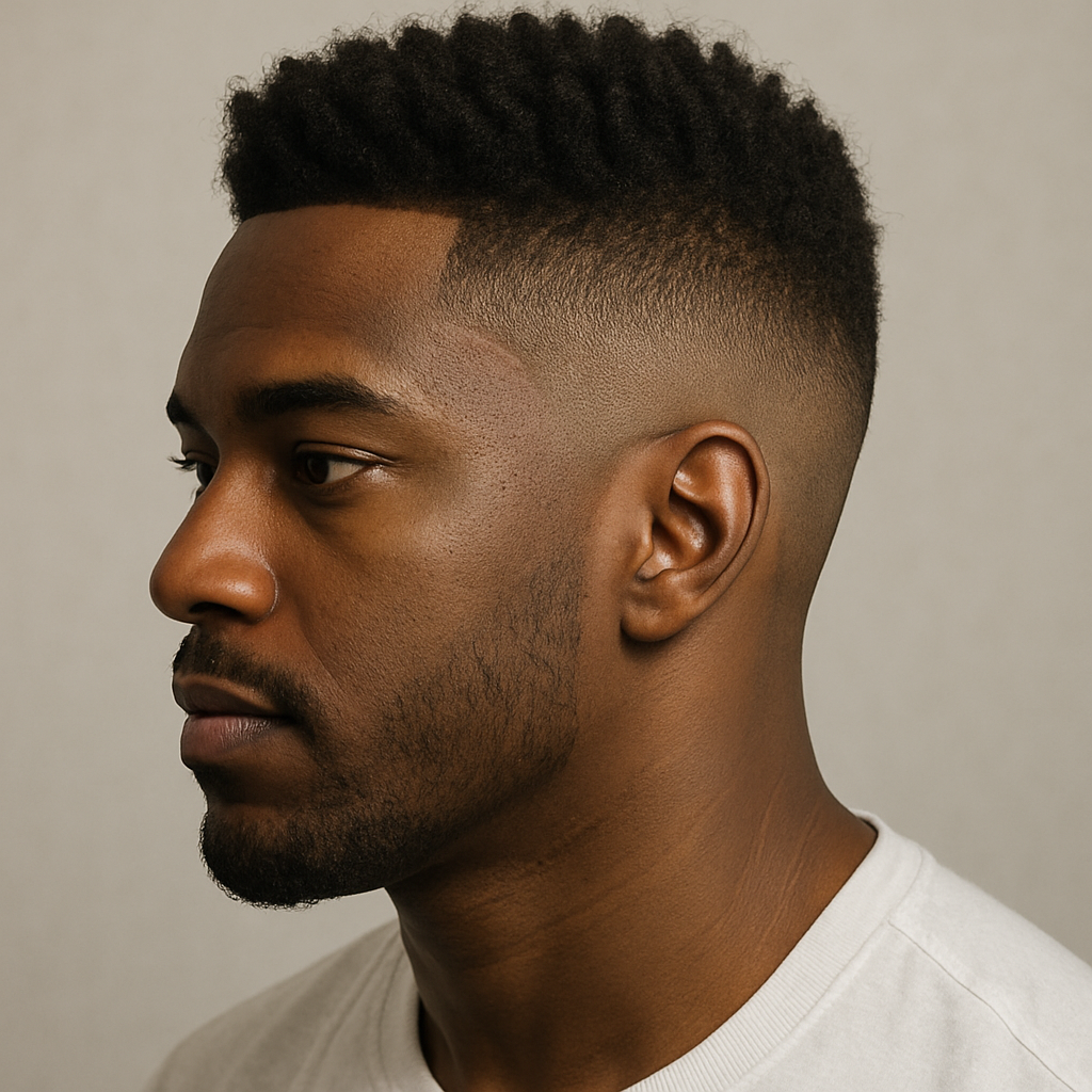 Black man with a classic high fade haircut featuring clean faded sides and a textured top, modern and stylish men's hairstyle