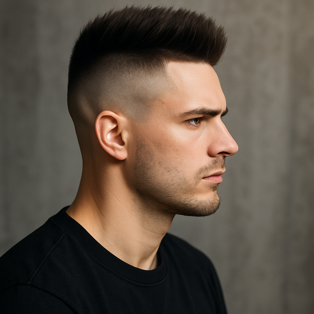 Bold and modern high fade haircut for men with sharp faded sides and voluminous top, trendy 2025 men's hairstyle.