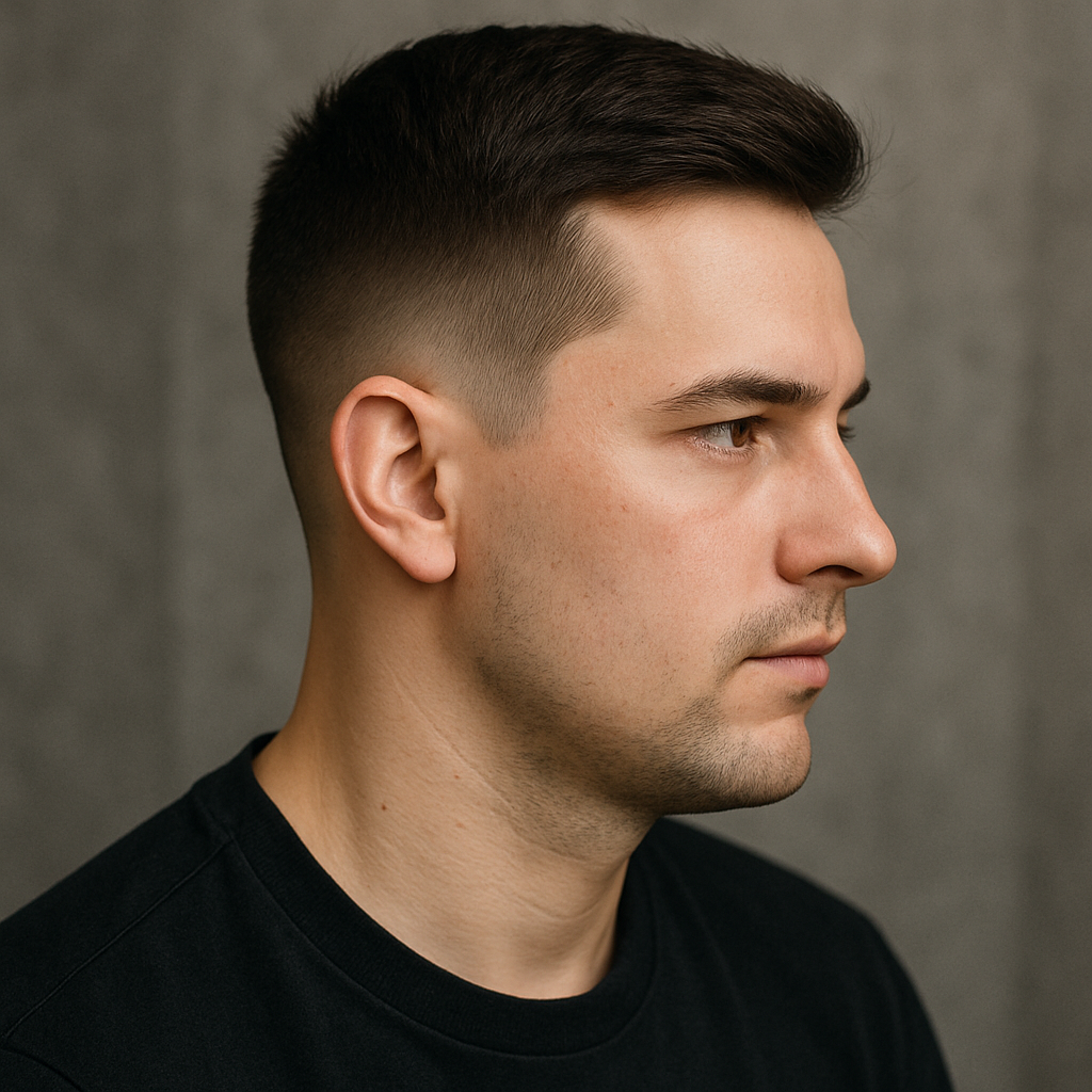 High taper fade haircut for men with clean tapered sides and neatly blended top, modern and professional men's hairstyle.