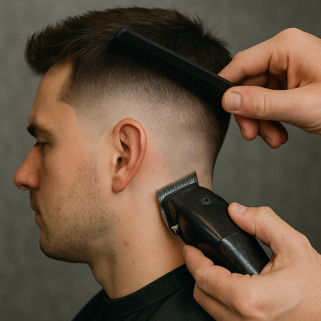 Barber blending a fade haircut using clippers and comb, creating a smooth transition for a modern men's hairstyle.
