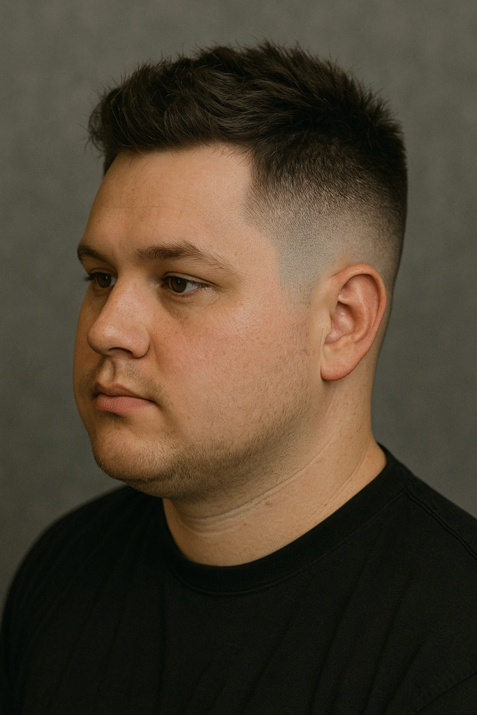 Round-faced man with a stylish high fade haircut, featuring sharp faded sides and a textured top for a balanced modern look