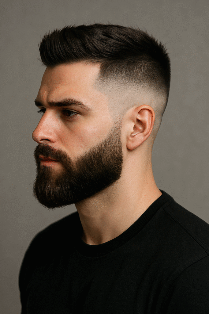 Man with a high fade haircut paired with a well-groomed beard, showcasing a sharp and modern men's hairstyle.