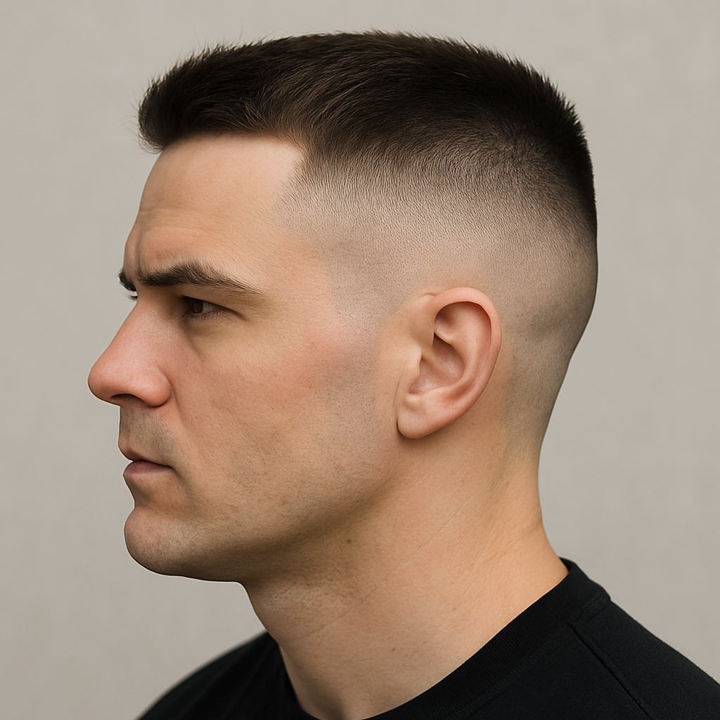 ide profile of a man with a sharp high and tight fade haircut featuring shaved sides and a short top, showcasing a clean military-inspired style.