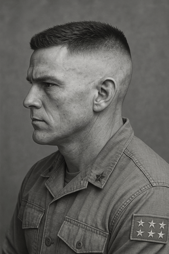 Black and white image of a soldier with a classic high and tight fade haircut, wearing a military uniform, representing the historical roots of this iconic hairstyle.