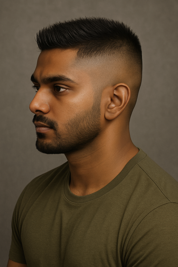 Stylish Indian young man with a masculine and bold high and tight fade haircut featuring shaved sides and a neatly textured top, exuding confidence and modern style.