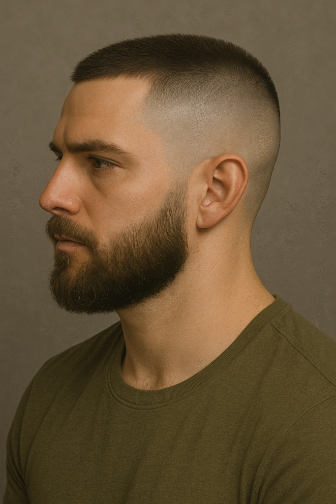 Side profile of a man with a sharp high and tight skin fade haircut paired with a full, well-groomed beard, creating a bold and masculine appearance.