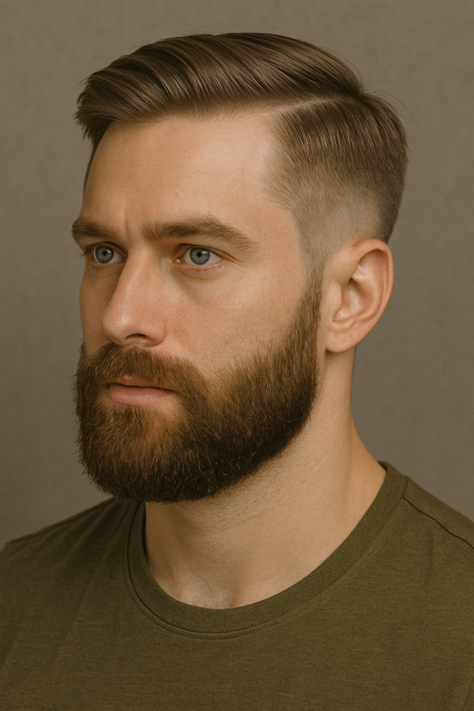 Stylish young man with blue eyes, silky smooth hair on top, a sharp high and tight fade haircut, and a well-groomed beard, showcasing a modern masculine look.