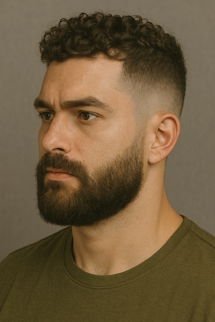 Young man with naturally curly hair styled in a high and tight fade haircut, paired with a full, well-groomed beard for a bold and masculine appearance.