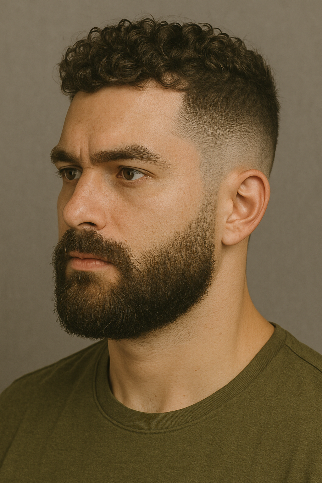 Young man with naturally curly hair styled in a high and tight fade haircut, paired with a full, well-groomed beard for a bold and masculine appearance.
