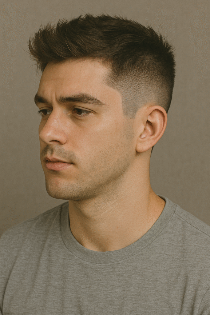 Young man with a casual high and tight fade haircut, featuring shaved sides and slightly longer natural top hair, wearing a simple t-shirt for a laid-back look.