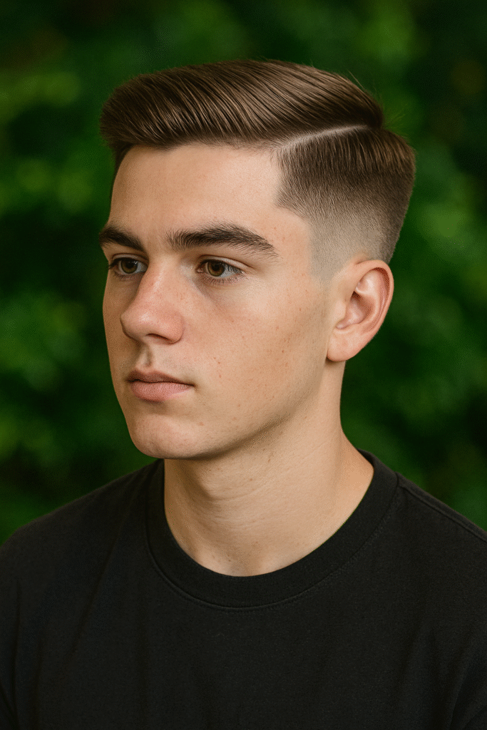 Teen boy with a modern fade haircut, stylish and trendy look for 2025.