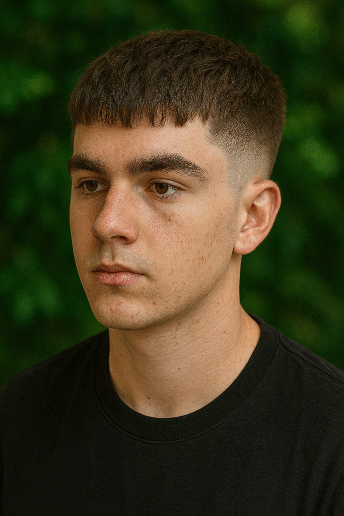 Teen boy with a stylish textured crop haircut, modern and trendy look for 2025.