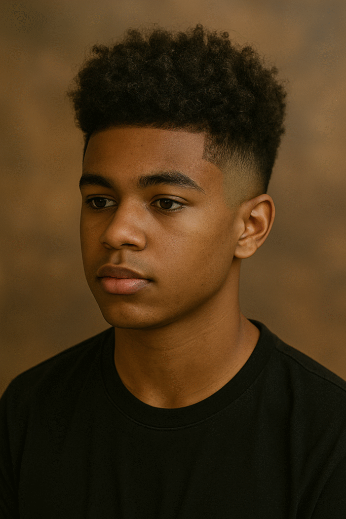 Teen boy with a trendy curly high top fade haircut, modern style for 2025.