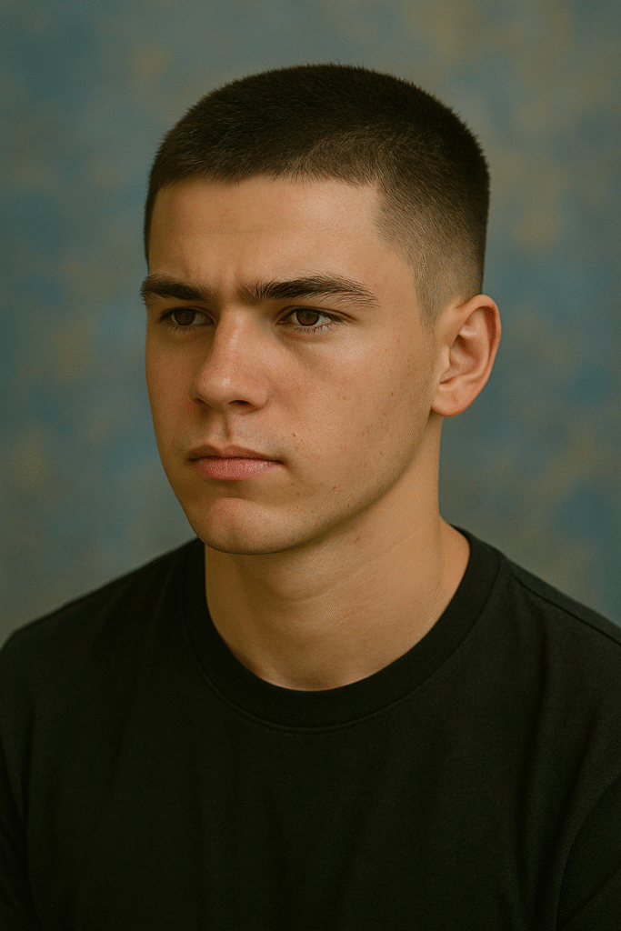 Teen boy with a classic crew cut haircut, stylish and simple look for 2025.