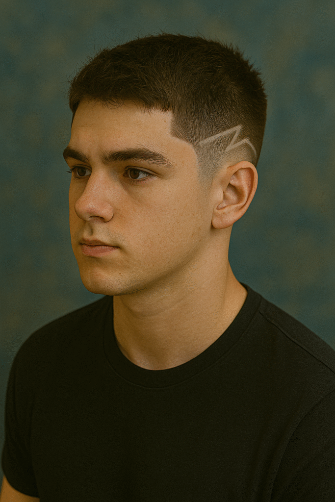 Teen boy with a taper fade haircut and creative shaved design, modern hairstyle for 2025.