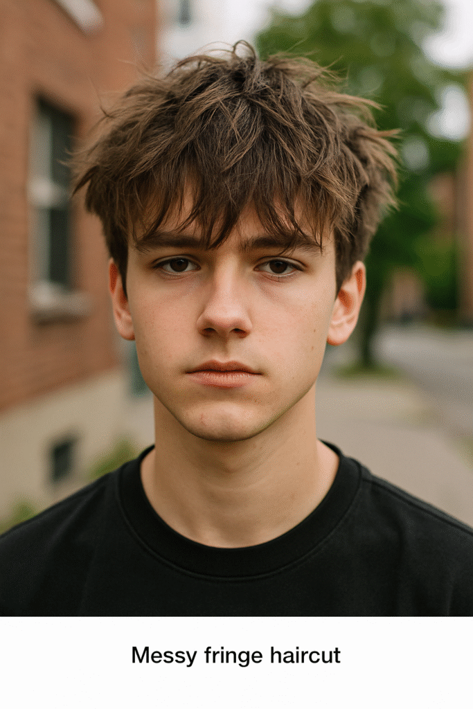 Close-up portrait of a teenage boy with a messy fringe haircut, wearing a black T-shirt, standing outdoors with a blurred urban background.