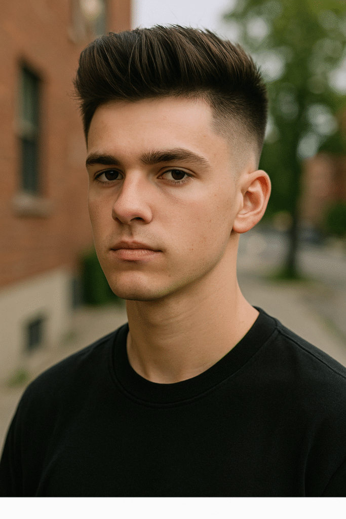 Outdoor portrait of a teenage boy with an undercut hairstyle, wearing a black T-shirt, against a blurred urban background.