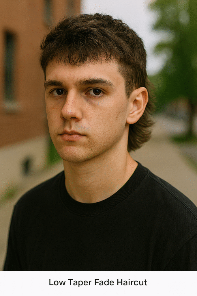 Outdoor portrait of a teenage boy with a low taper fade haircut, wearing a black T-shirt, standing on a street with blurred trees and brick buildings in the background.