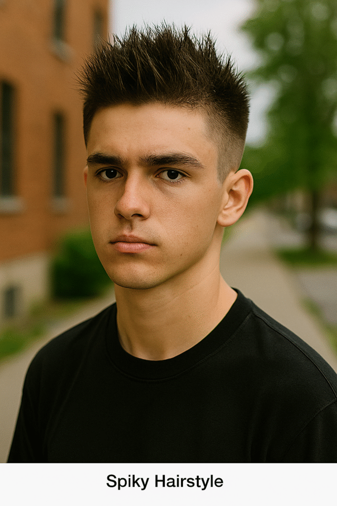 Outdoor portrait of a teenage boy with a spiky hairstyle, wearing a black T-shirt, against a blurred urban street and greenery background.