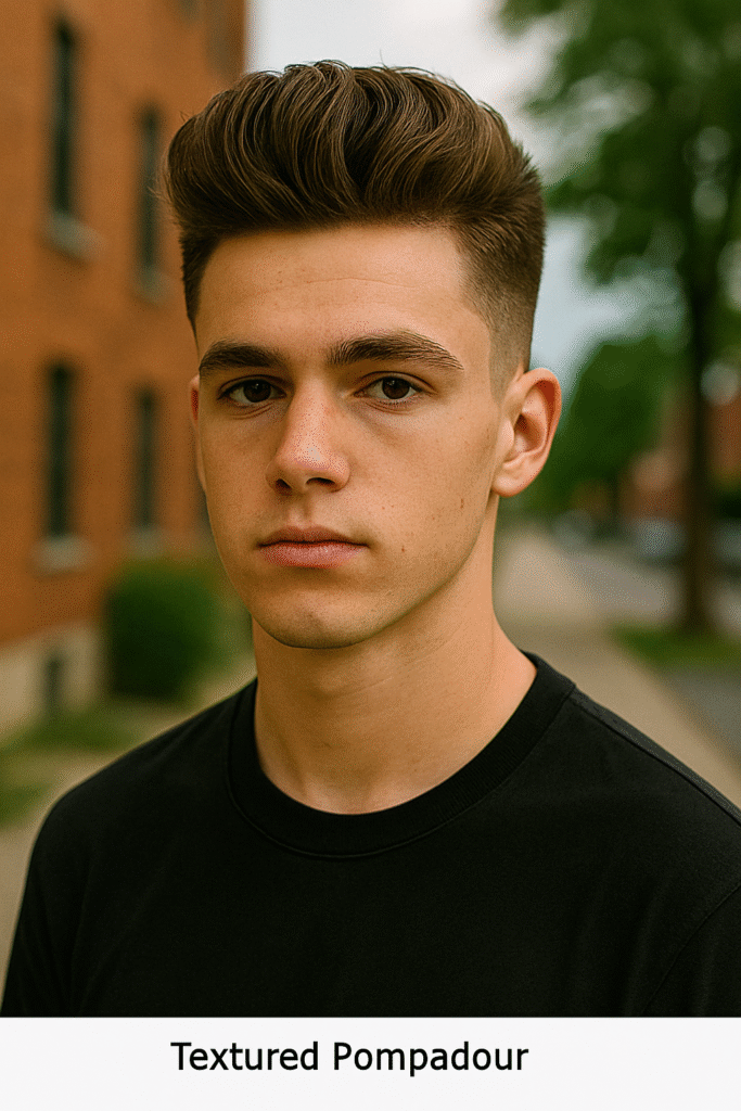 Outdoor portrait of a teenage boy with a textured pompadour hairstyle, wearing a black T-shirt, with blurred trees and brick buildings in the background.