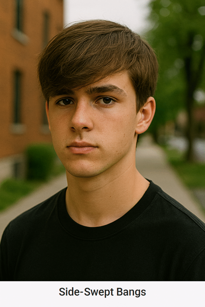 Outdoor portrait of a teenage boy with side-swept bangs, wearing a black T-shirt, standing in front of a blurred street with trees and brick buildings.