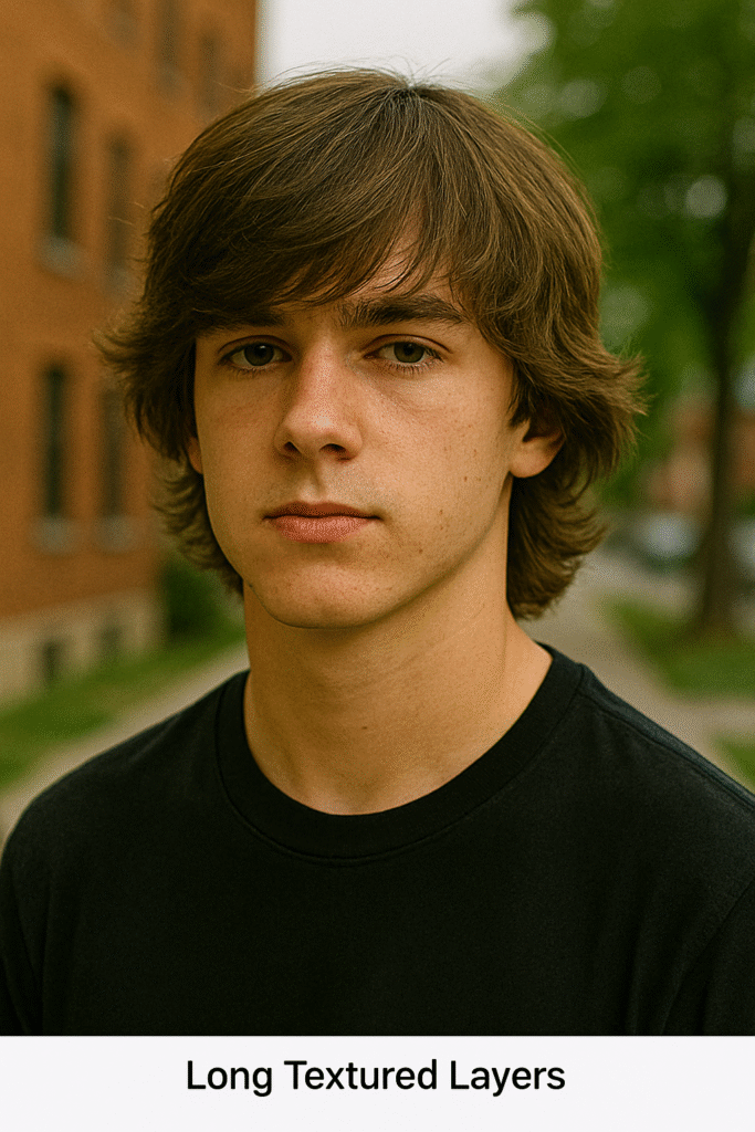 Outdoor portrait of a teenage boy with long textured layers haircut, wearing a black T-shirt, standing against a blurred background of trees and brick buildings.