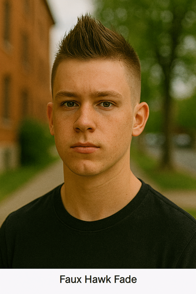 Outdoor close-up of a teenage boy with a faux hawk fade haircut, wearing a black T-shirt, with a blurred backdrop of brick buildings and trees