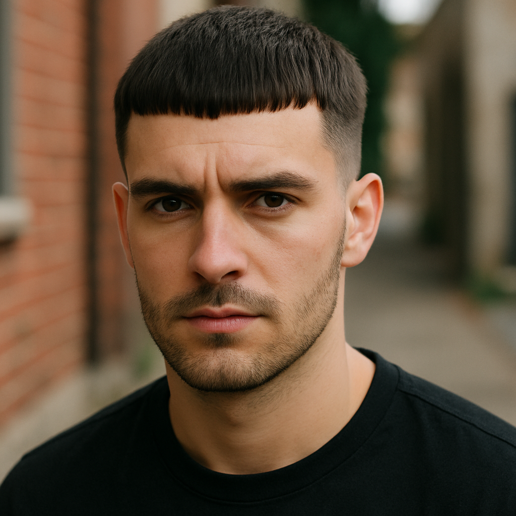 Close-up portrait of a young man with a Caesar haircut, featuring short straight bangs and faded sides, standing outdoors with a natural blurred background.