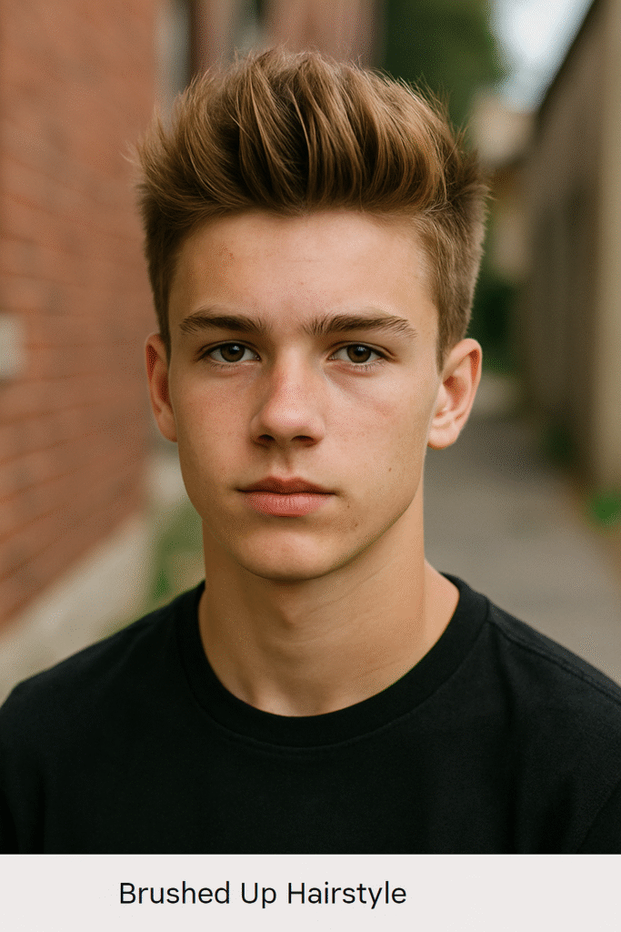 Close-up portrait of a teenage boy with a brushed-up hairstyle, styled with volume and texture, standing outdoors with a blurred real-life urban background.