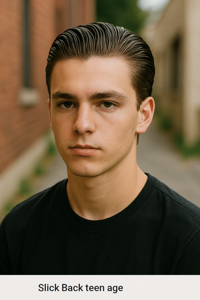 Close-up portrait of a teenage boy with slicked-back dark brown hair, wearing a black T-shirt, standing outdoors with a blurred urban alley background.