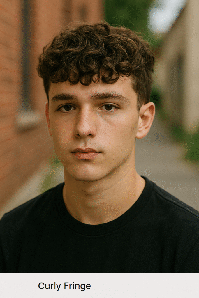 Close-up portrait of a teenage boy with a curly fringe haircut, wearing a black T-shirt, standing outdoors in a blurred real urban alley background.