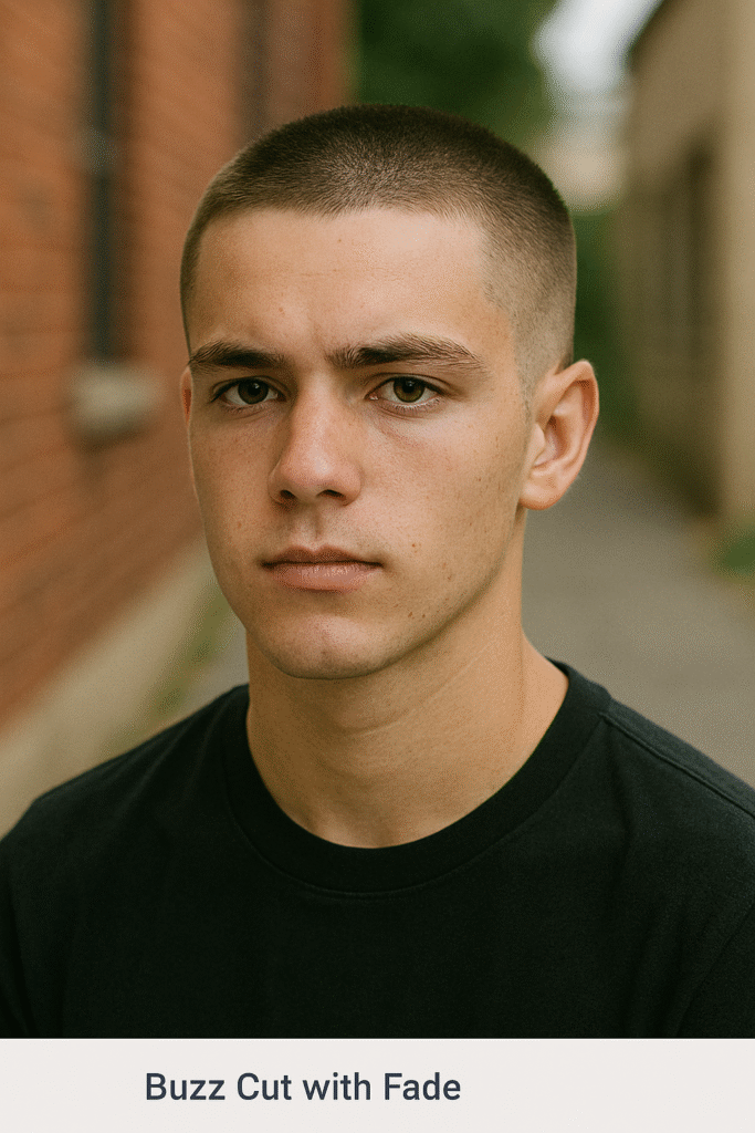 Close-up portrait of a teenage boy with a buzz cut and fade hairstyle, wearing a black T-shirt, standing outdoors with a blurred real urban alley background.