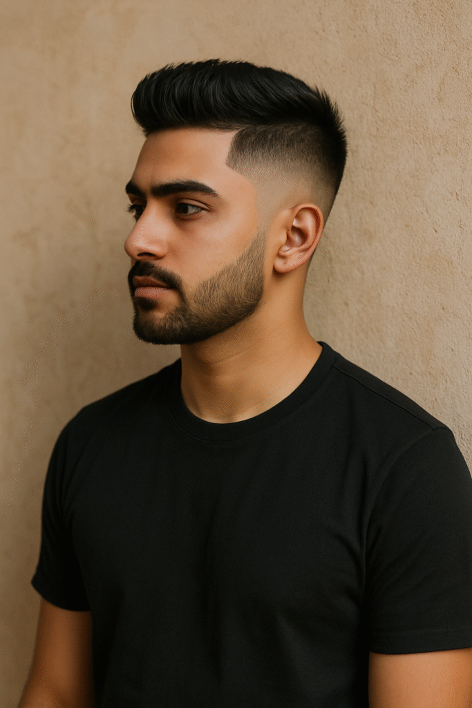 A young man with a mid fade haircut standing gracefully against a beige textured wall, wearing a black t-shirt.