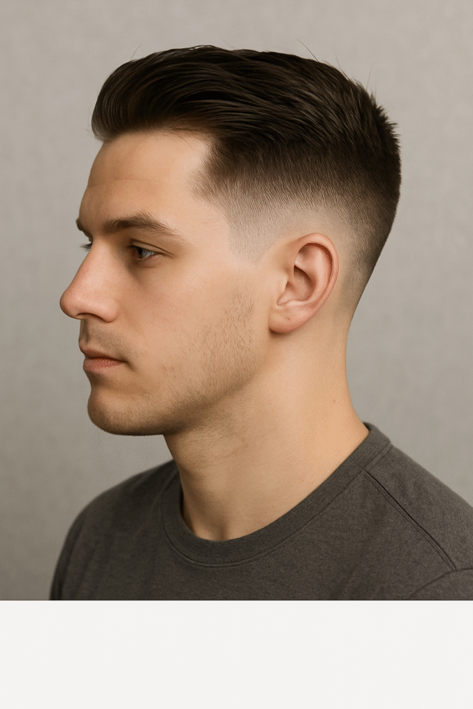 A young man with medium skin tone and dark brown hair wearing a black t-shirt, showcasing a classic undercut fade hairstyle with short faded sides and a slicked-back top.