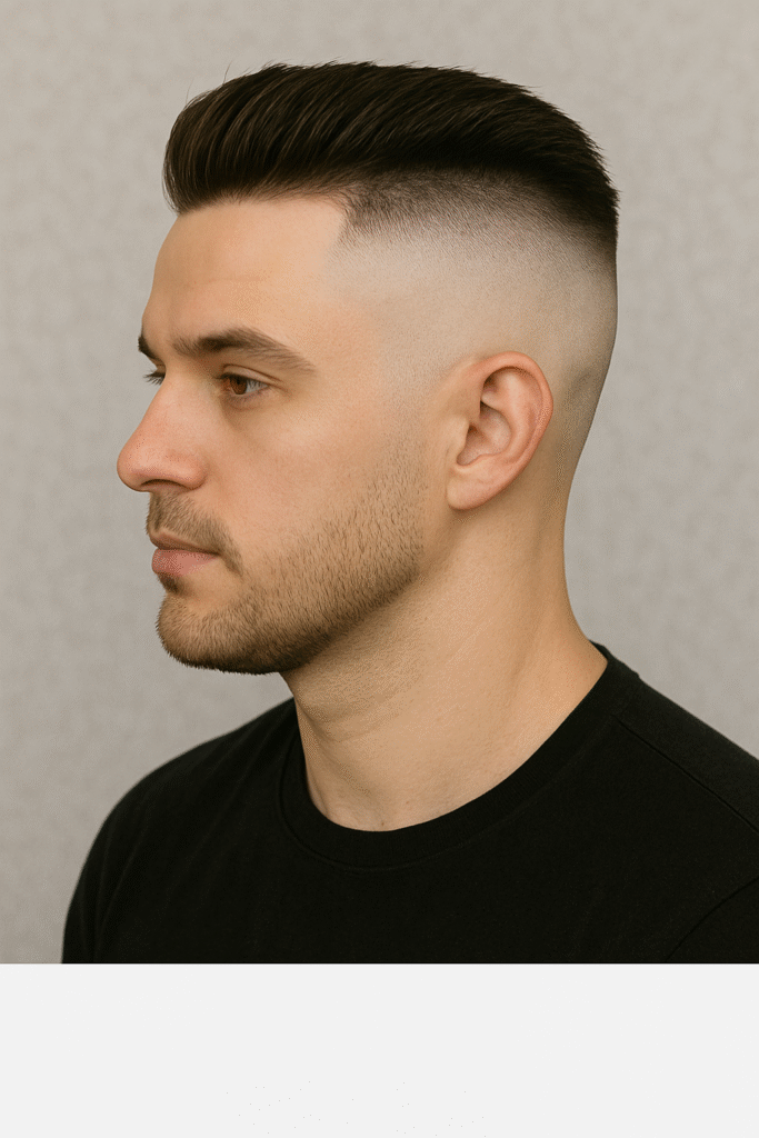 A young man with medium skin tone and dark hair wearing a black t-shirt, featuring a high fade undercut hairstyle with cleanly shaved high sides and a textured top styled upward.